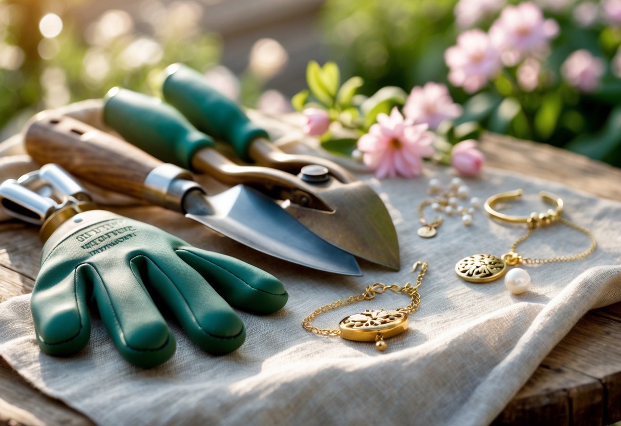 A set of gardening tools and sentimental jewelry arranged together on a wooden table with a garden background.