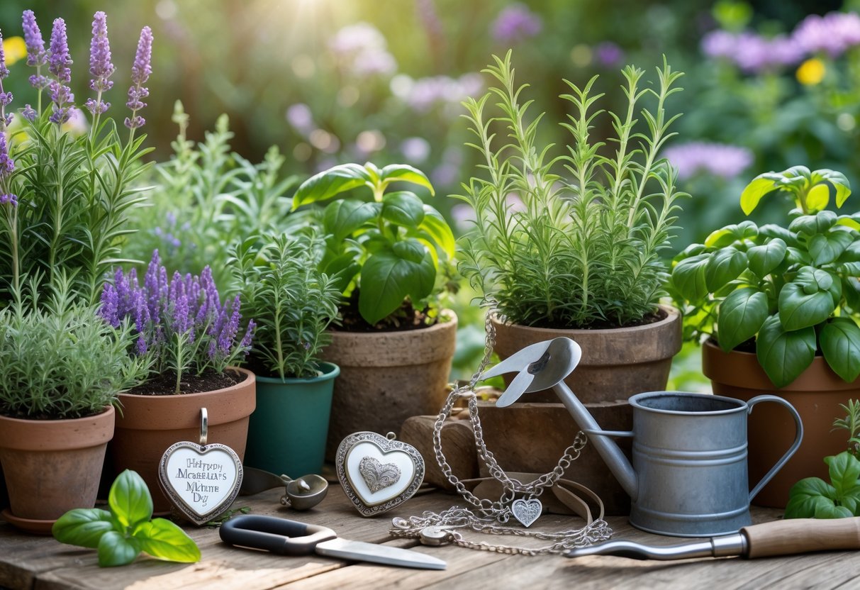 A garden scene with aromatic plants and herbs, garden tools on a wooden table, and sentimental jewelry arranged among them.