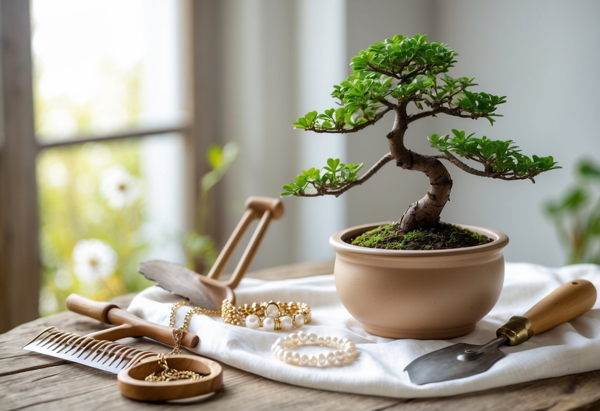 A bonsai tree on a wooden table with garden tools and sentimental jewelry arranged nearby.