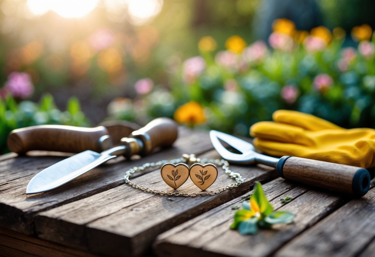 Sentimental jewelry displayed on a wooden table alongside garden tools with a blooming garden in the background.