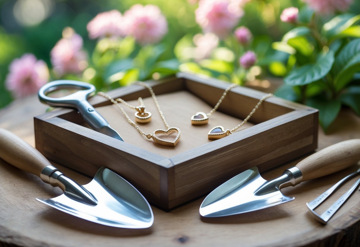 A gift set displaying garden tools and sentimental jewelry arranged together on a wooden surface with green leaves and flowers in the background.