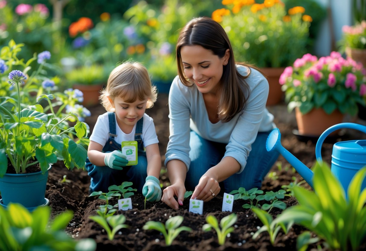 A mother and child planting seeds together in a garden surrounded by green plants and flowers.