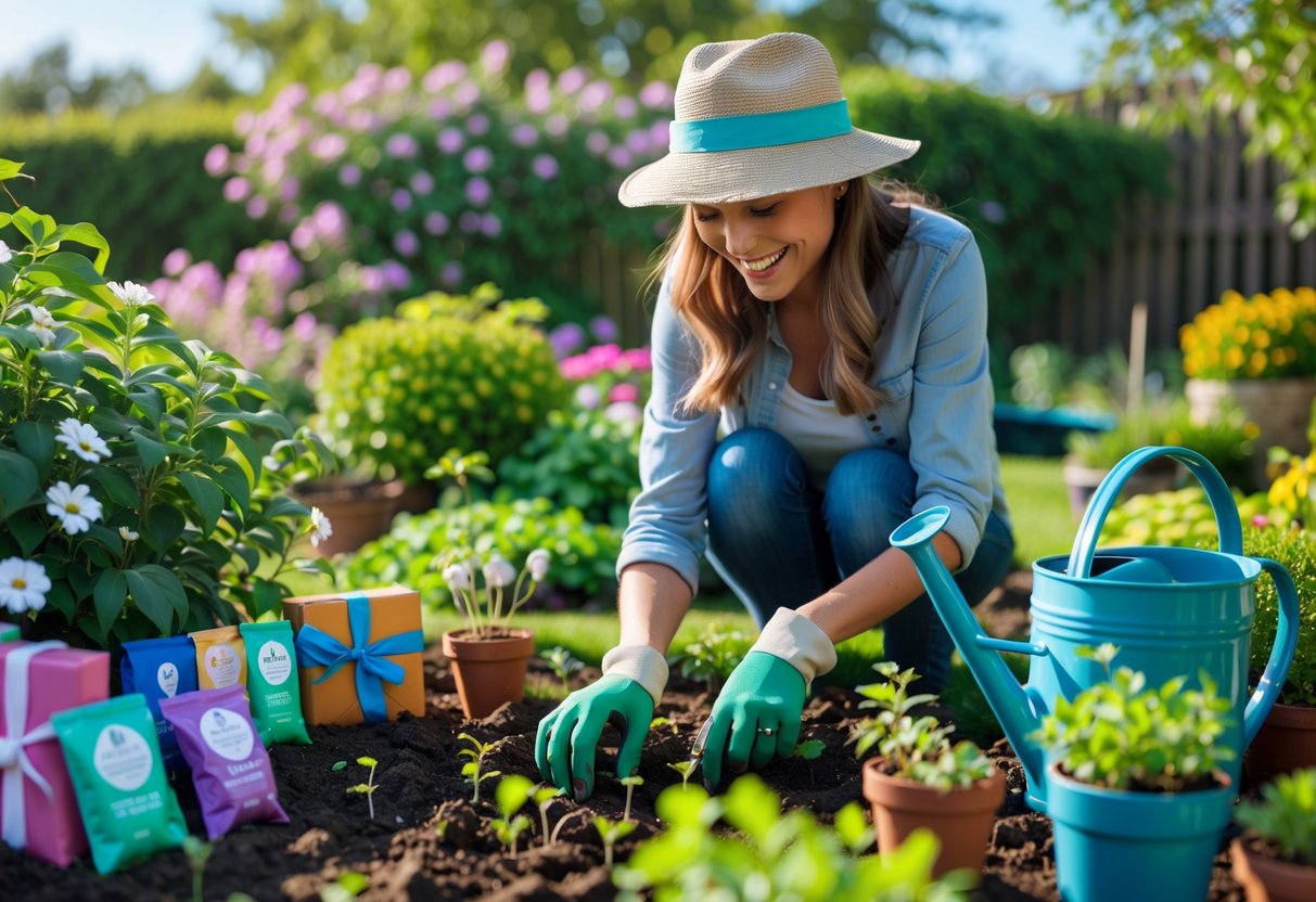 A mother gardening outdoors, planting seedlings in a vibrant garden surrounded by gardening tools and gifts.