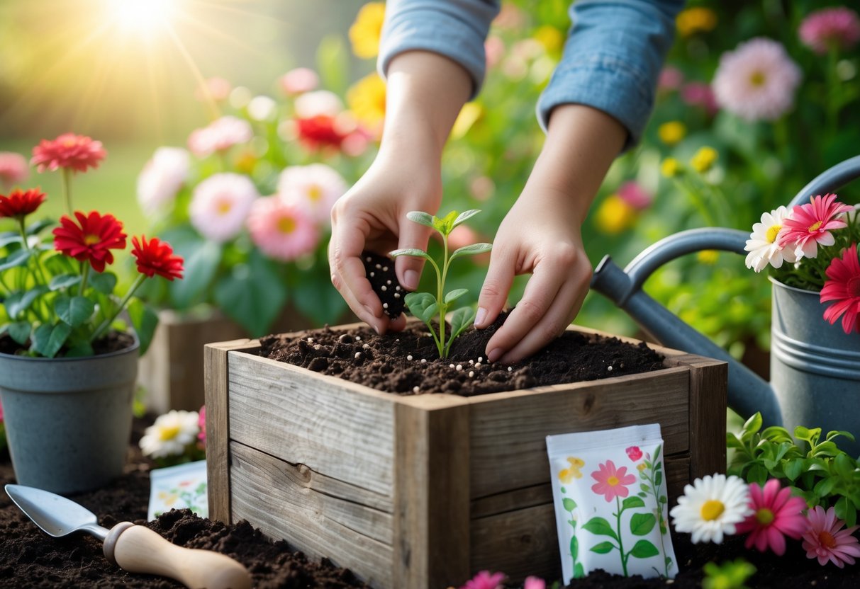 Hands planting flower seeds in soil surrounded by blooming flowers and gardening tools in a sunlit garden.
