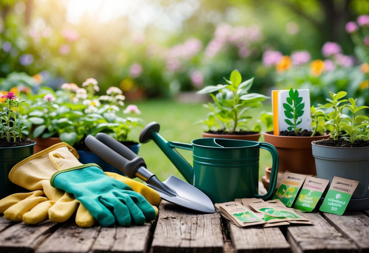 A collection of gardening tools and seedlings arranged on a wooden table with a garden in the background.