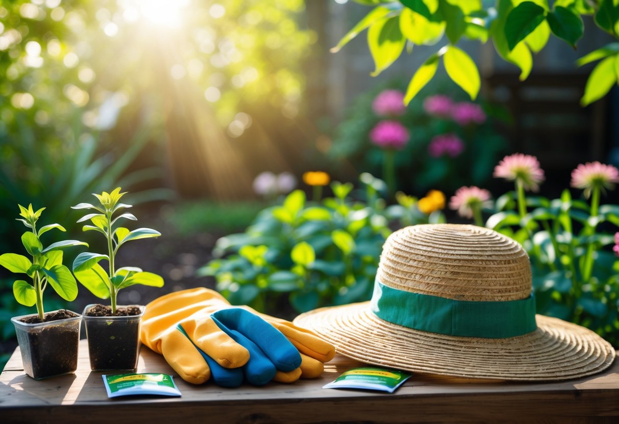 A pair of garden gloves and a straw sun hat placed on a wooden table with seedlings and seed packets, set in a sunlit garden with green plants and flowers.