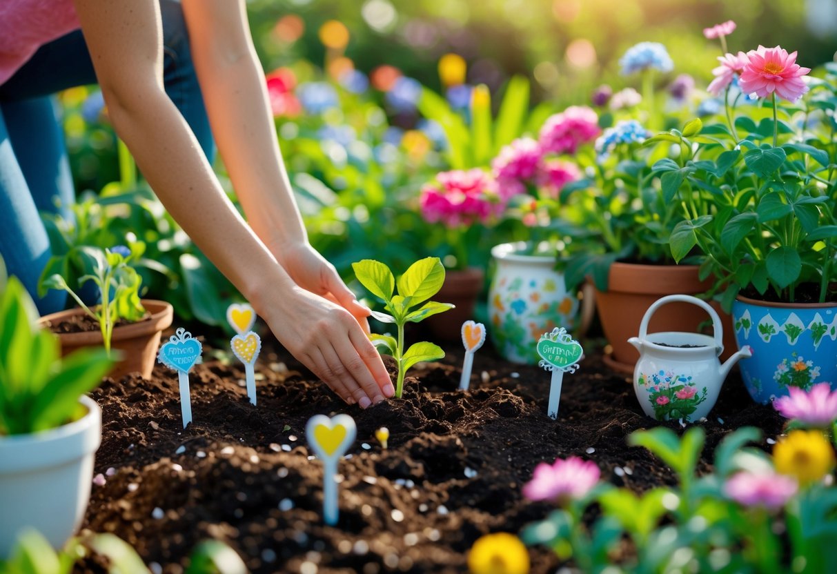 A woman planting seeds in a garden surrounded by flowers, plants, and gardening tools.