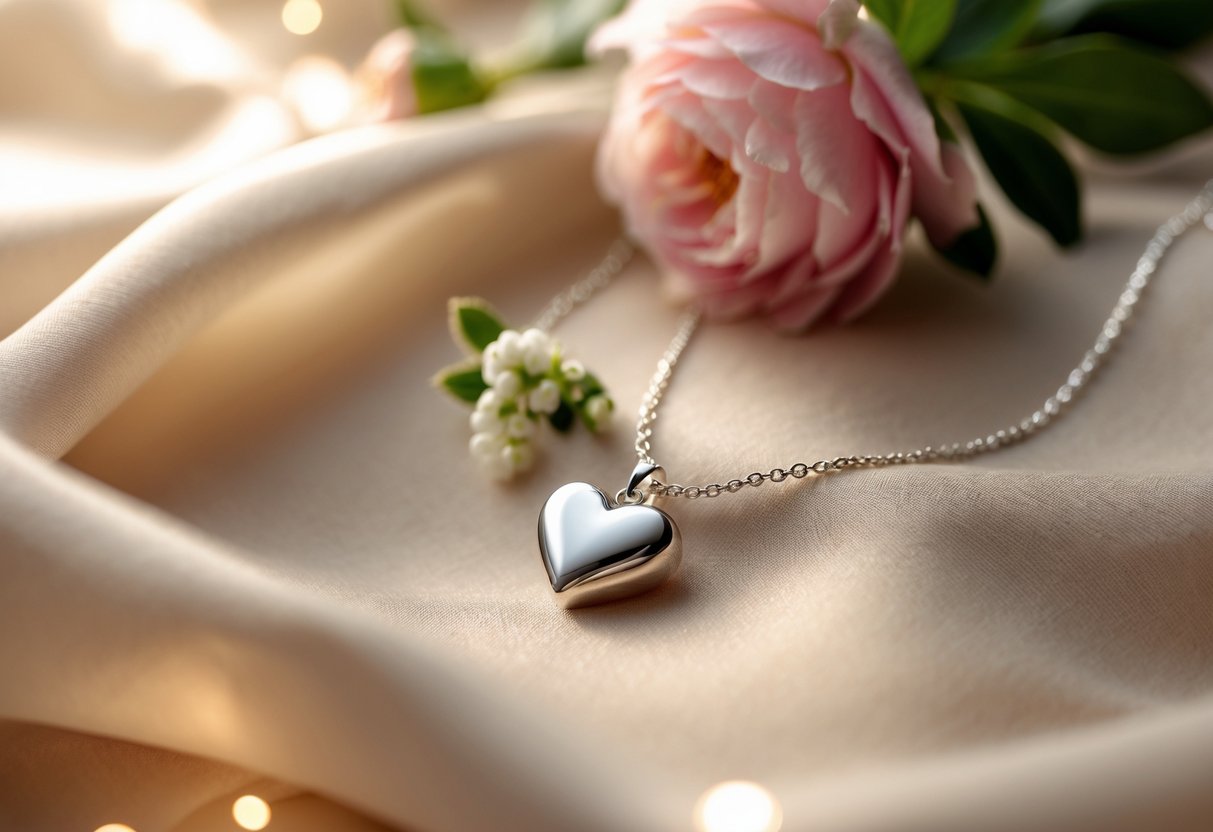 Close-up of a silver heart-shaped necklace on soft fabric with flowers in the background.