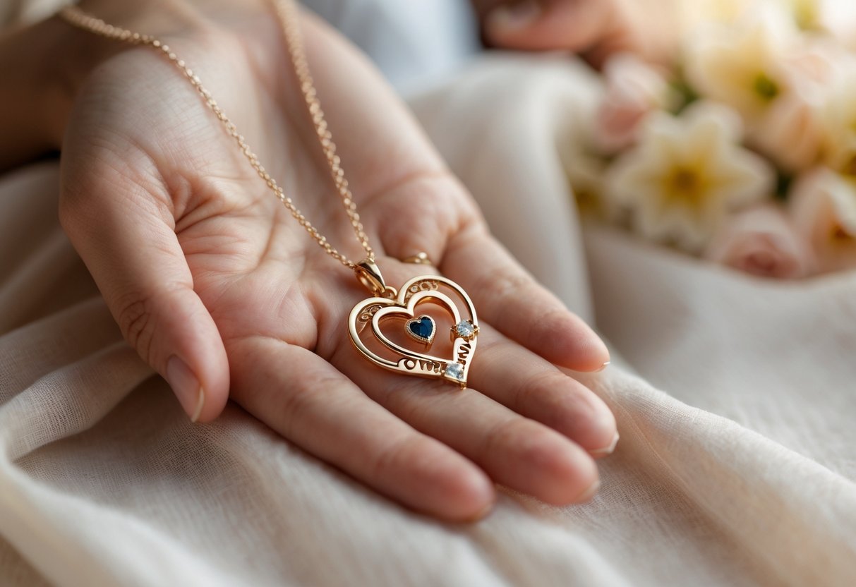 Close-up of a delicate piece of jewelry symbolizing love, held gently with a blurred background showing a mother and child sharing a tender moment.