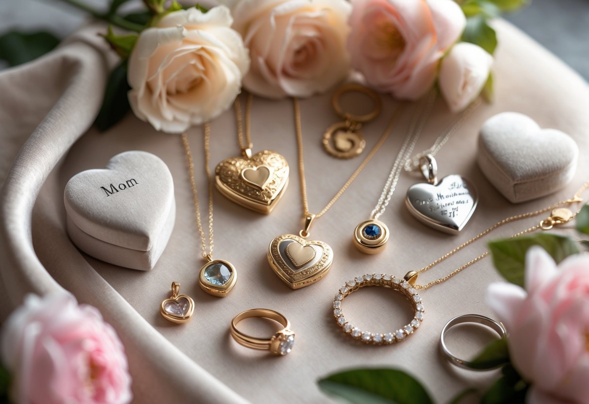A collection of sentimental jewelry for mothers including heart-shaped pendants, birthstone rings, and charm bracelets displayed on a soft surface with flowers nearby.