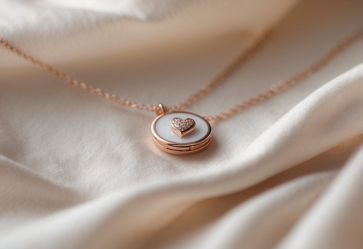 Close-up of a delicate necklace with a heart-shaped pendant resting on soft fabric.