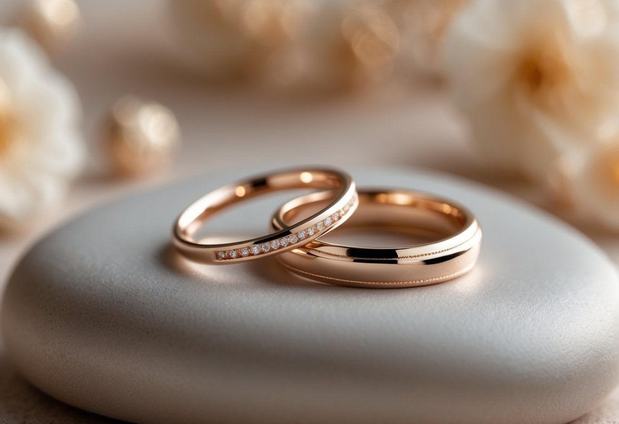 Close-up of two elegant rings placed on a smooth surface, symbolizing love and sentiment.