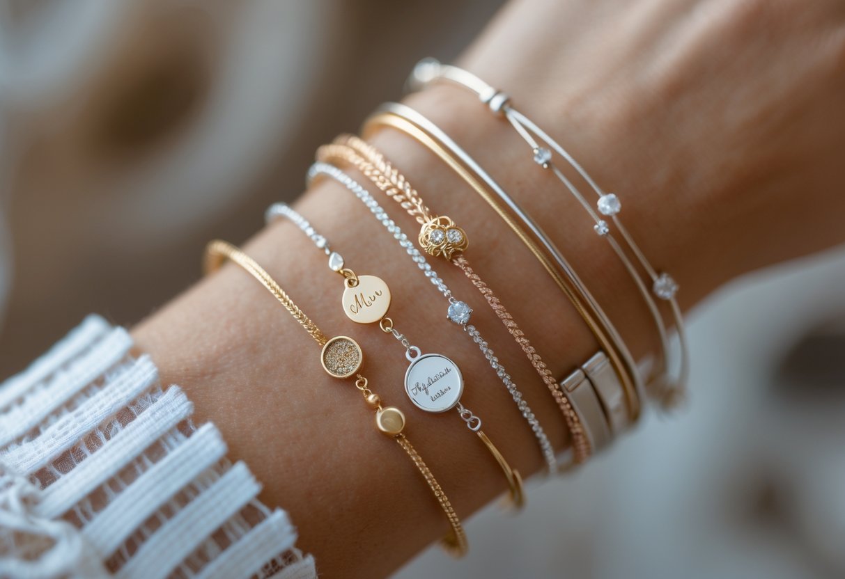 Close-up of a woman's wrist wearing multiple bracelets and bangles with a soft blurred background.