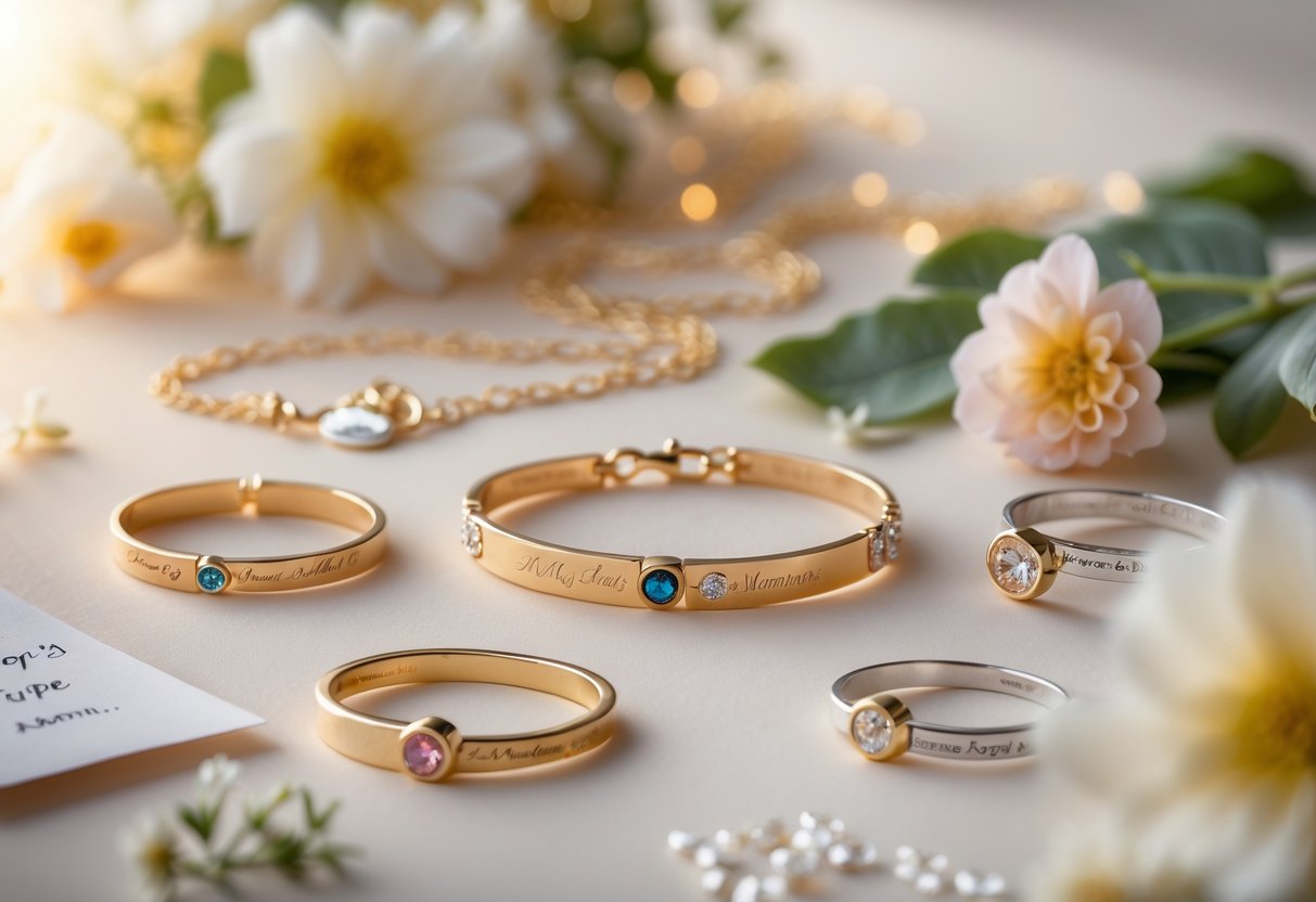 Close-up of personalized gold and silver jewelry pieces with custom engravings and birthstones arranged with flowers and a handwritten note.