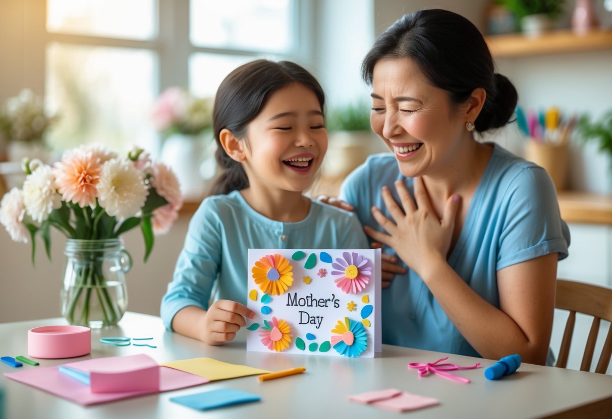 A mother receiving a handmade card from her adult child at a kitchen table, both smiling with emotion.