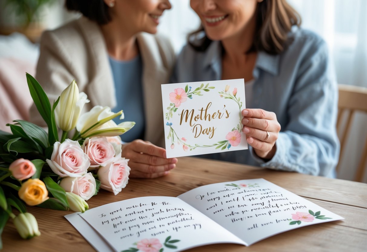 A mother receiving a handwritten Mother's Day card from her adult child, with tears of joy and a bouquet of flowers nearby.