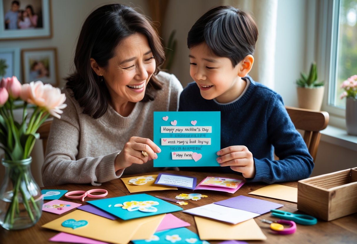 A mother and adult child sharing an emotional moment at a table covered with handmade greeting cards and crafting supplies, with the mother smiling tearfully as she reads a card.