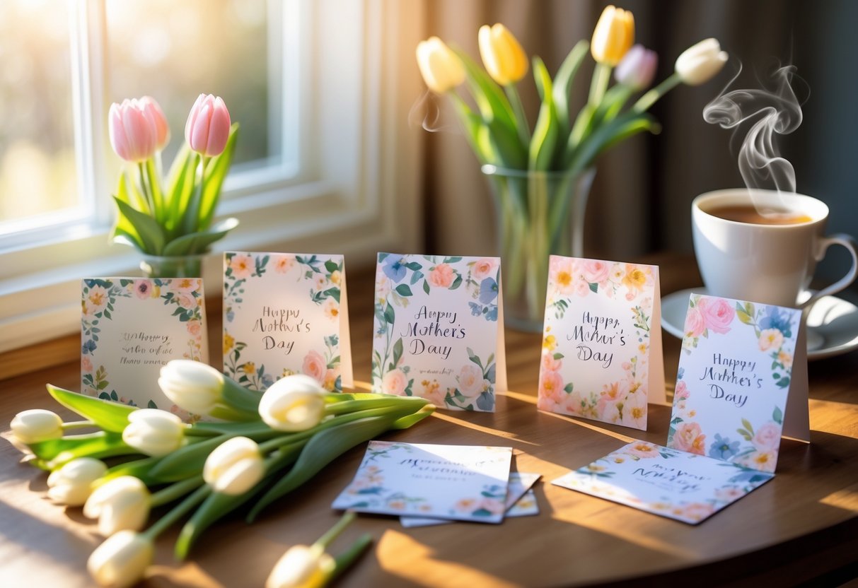 A cozy table with Mother's Day cards and spring flowers in soft sunlight, creating a warm and joyful atmosphere.