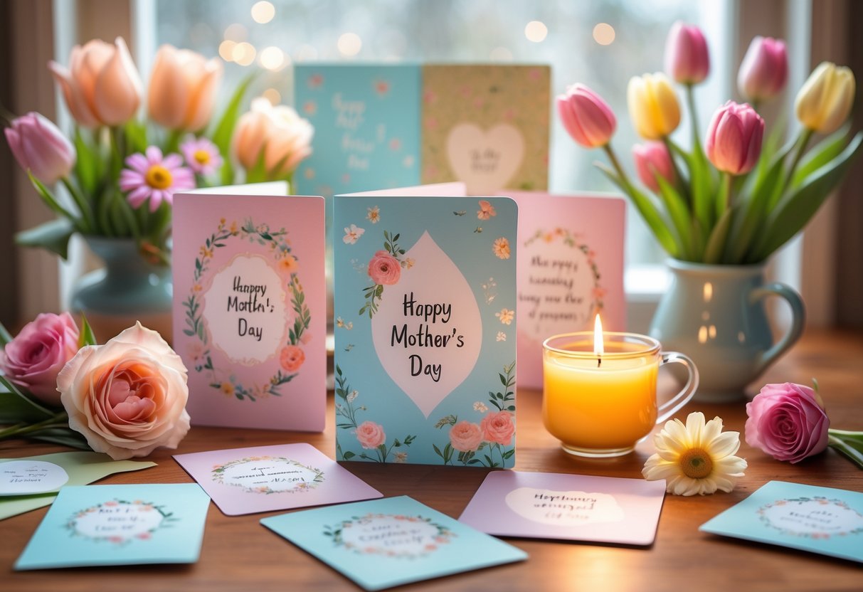 A wooden table with floral message cards, fresh flowers, a cup of tea, and a lit candle in soft natural light.