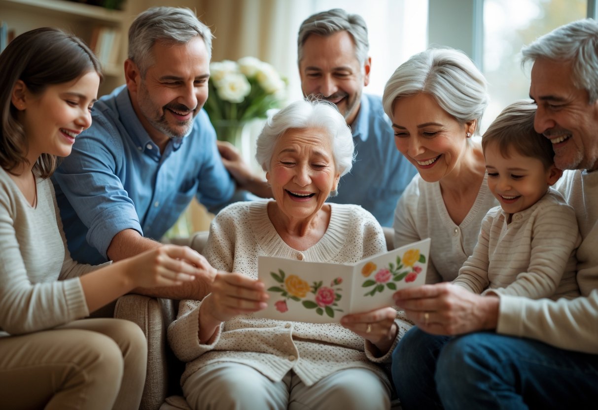 An elderly grandmother surrounded by family members, smiling with tears of joy while reading a greeting card in a cozy living room.