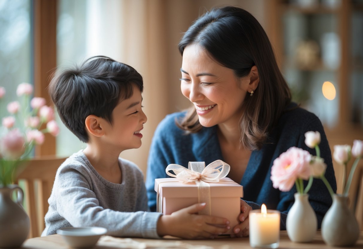 A mother and adult child sharing a warm moment as the child gives a wrapped gift to the smiling mother at a cozy table with flowers.