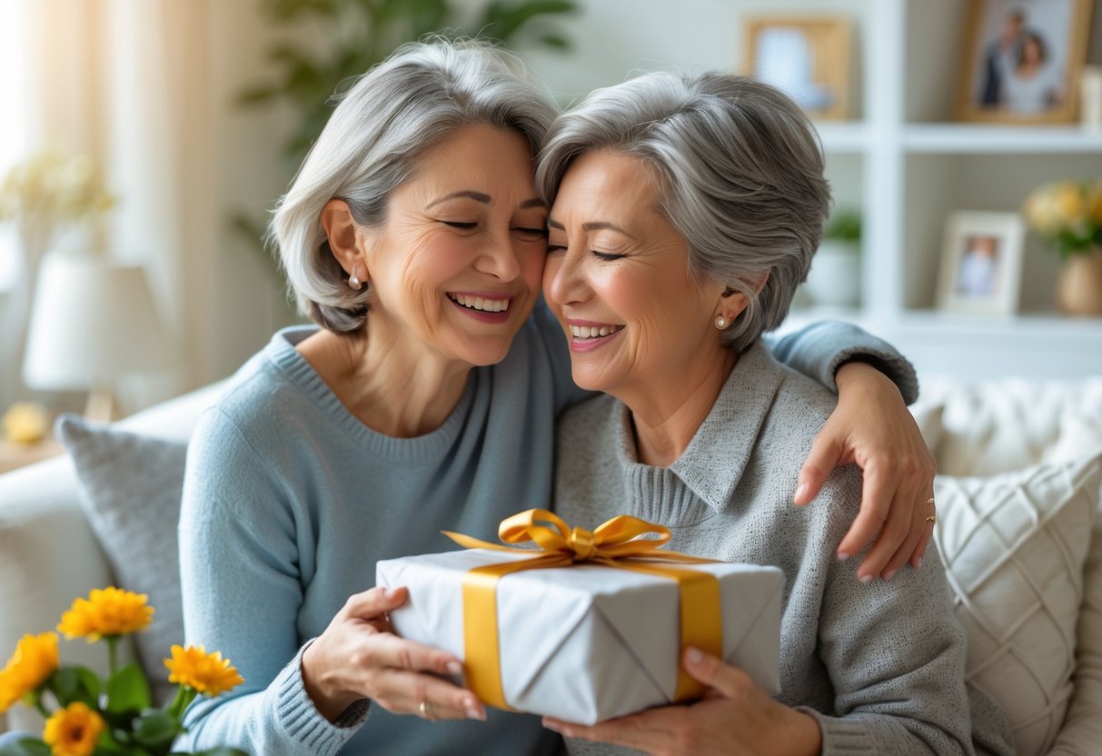 A mother and adult child smiling and embracing as the child gives the mother a wrapped gift in a cozy living room.