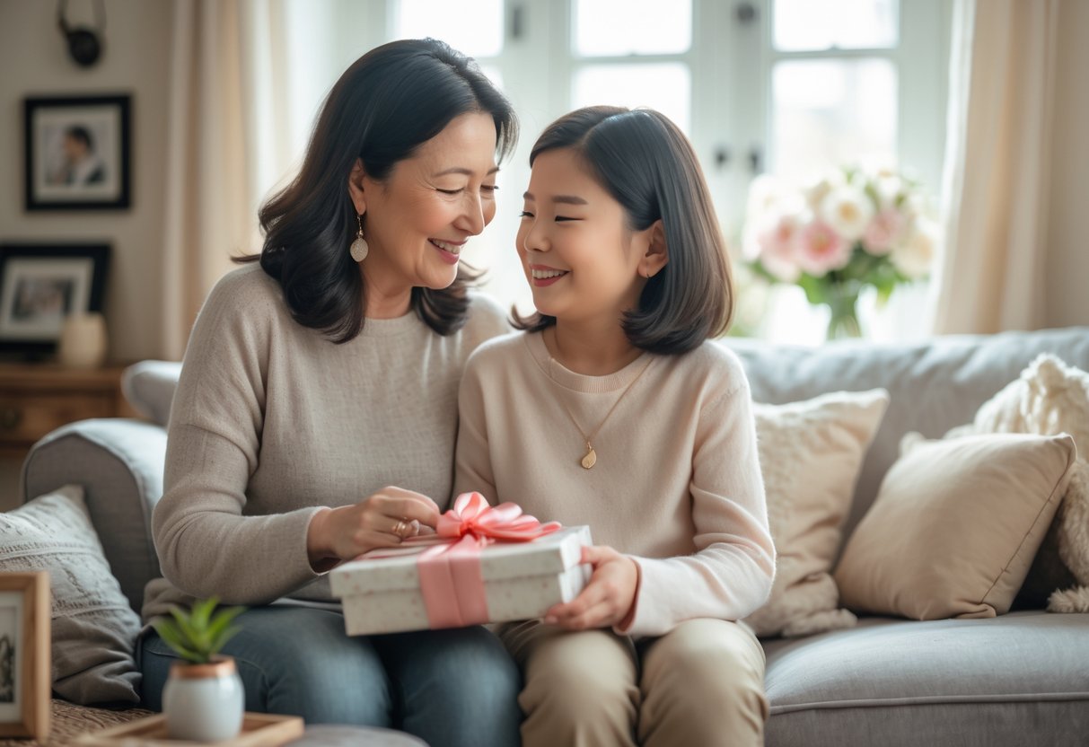 A mother and adult child sharing a warm moment as the child gives the mother a sentimental gift in a cozy living room.