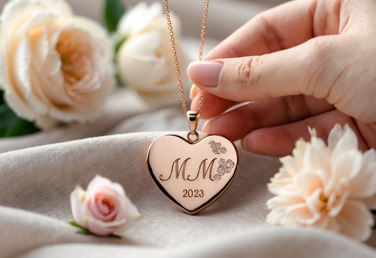 Close-up of personalized heart-shaped jewelry resting on soft fabric with flowers and a hand gently holding the pendant.