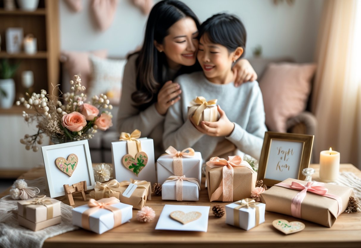 A mother and adult child smiling and embracing near a table filled with handmade gifts and cards.