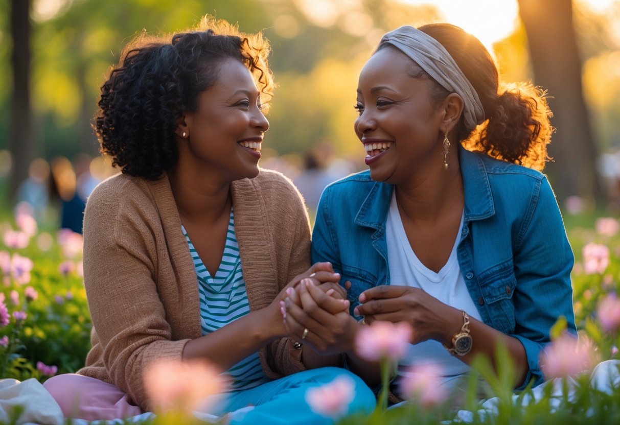 A mother and adult child sharing a joyful moment outdoors during a picnic, smiling and embracing each other surrounded by trees and flowers.