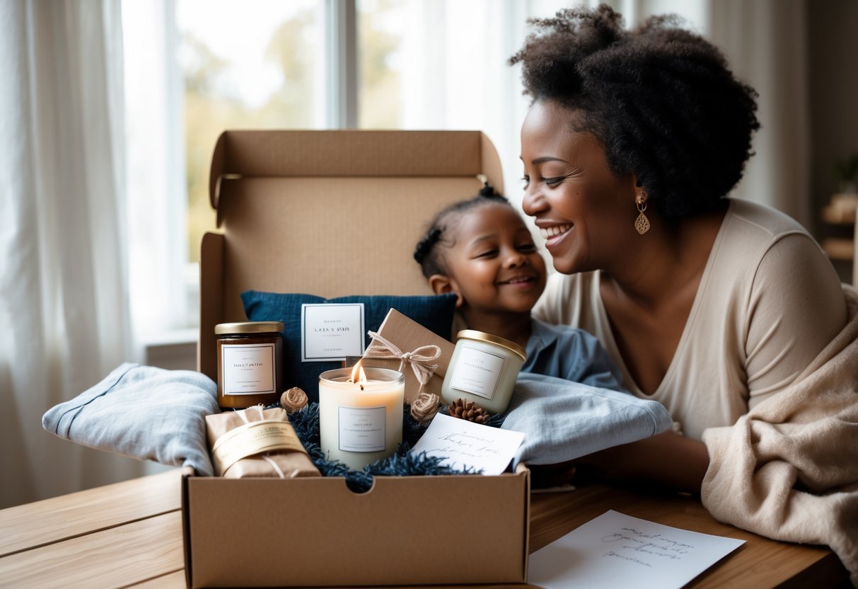 A mother and adult child smiling and embracing near an open subscription box filled with gifts on a wooden table.