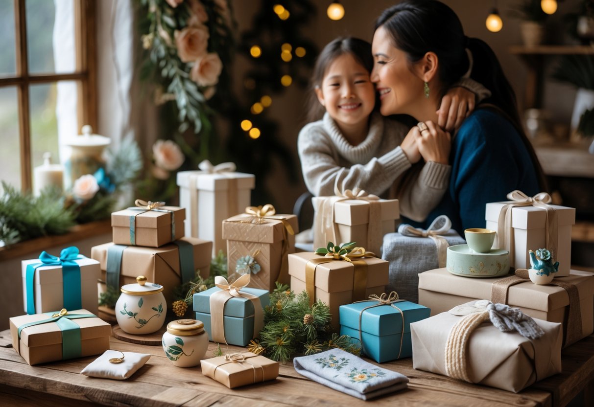 A mother and adult child smiling and embracing near a table filled with unique handcrafted gifts such as jewelry boxes, ceramics, and scarves.