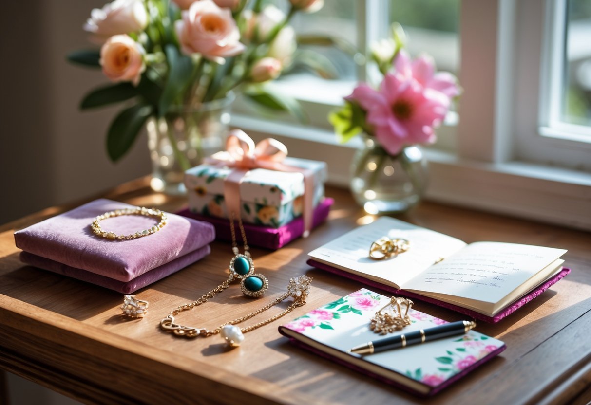 A wooden table with a gold necklace, pearl earrings, floral journals, a pen, and a vase of fresh flowers.