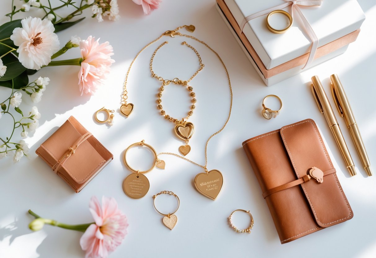 A flat lay of meaningful jewelry and leather-bound journals arranged with flowers on a white surface, showcasing thoughtful Mother's Day gifts.
