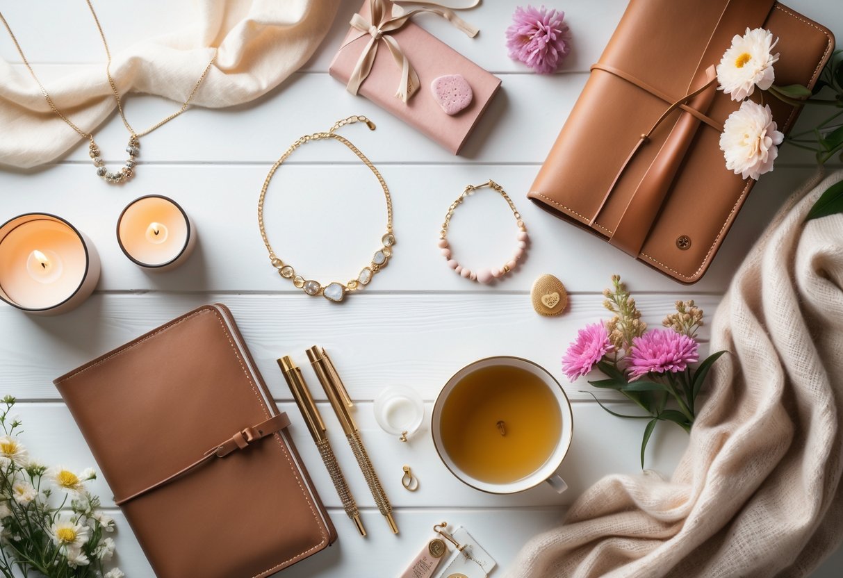 Flat lay of wellness and self-care items including jewelry, journals, candles, flowers, and a cup of tea arranged on a light wooden surface.
