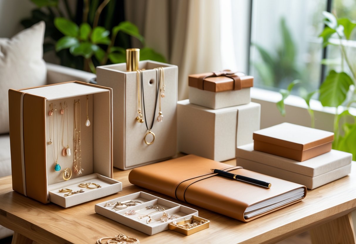 A neatly arranged collection of home organization gifts including a jewelry organizer, a leather journal with a pen, and storage boxes on a wooden table in a cozy living room.
