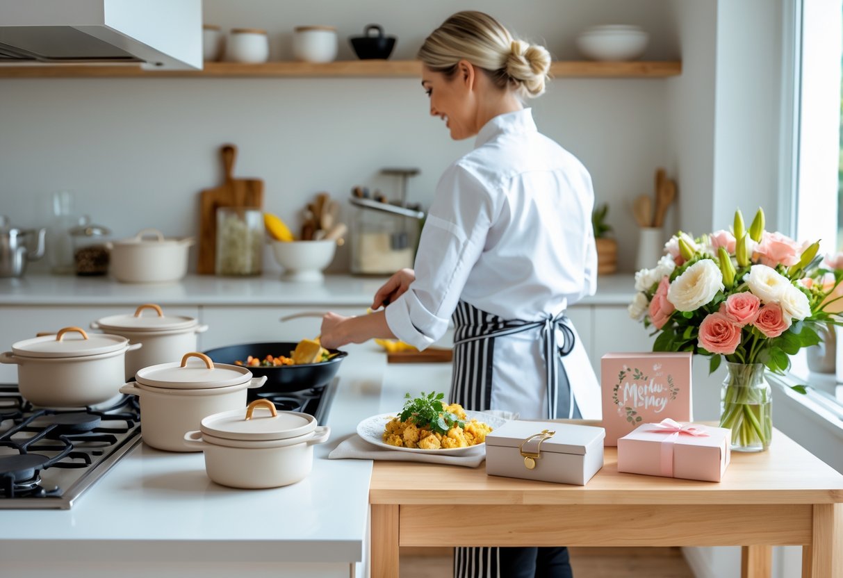 A chef cooking in a bright kitchen with kitchen tools on the counter and a table displaying jewelry, a journal, and flowers as gifts.