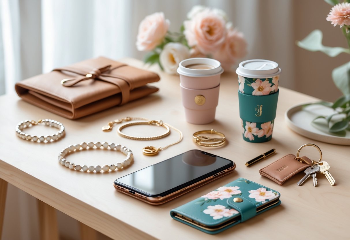 A collection of jewelry, a leather journal, a smartphone, a reusable coffee cup, and keys arranged on a wooden table.