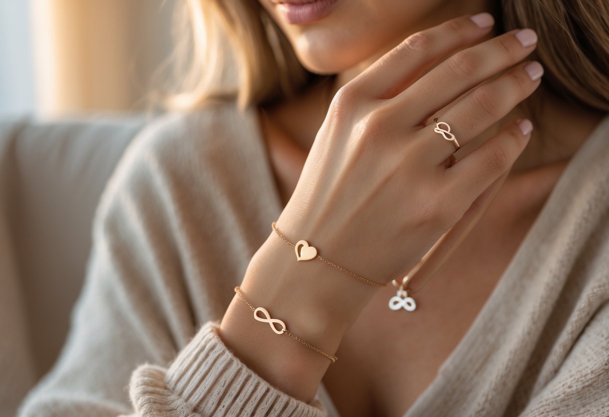 Close-up of a woman's hand and wrist wearing meaningful jewelry including a bracelet, ring, and necklace.