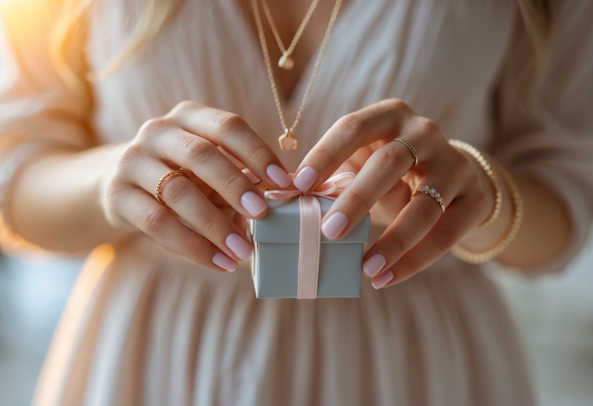 Close-up of hands wearing elegant jewelry while holding a small gift box with a ribbon.