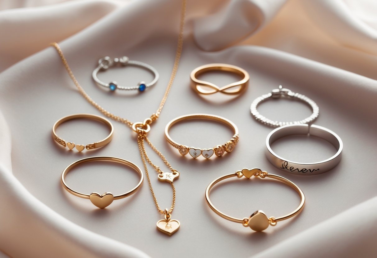 A collection of delicate rings, bracelets, and necklaces arranged on a soft surface, showcasing meaningful daily-wear jewelry.