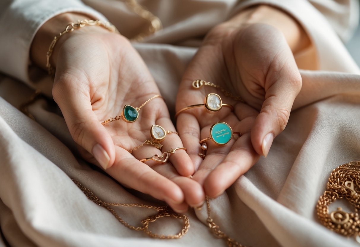 Close-up of a woman's hands holding a collection of delicate jewelry pieces on a soft fabric background.