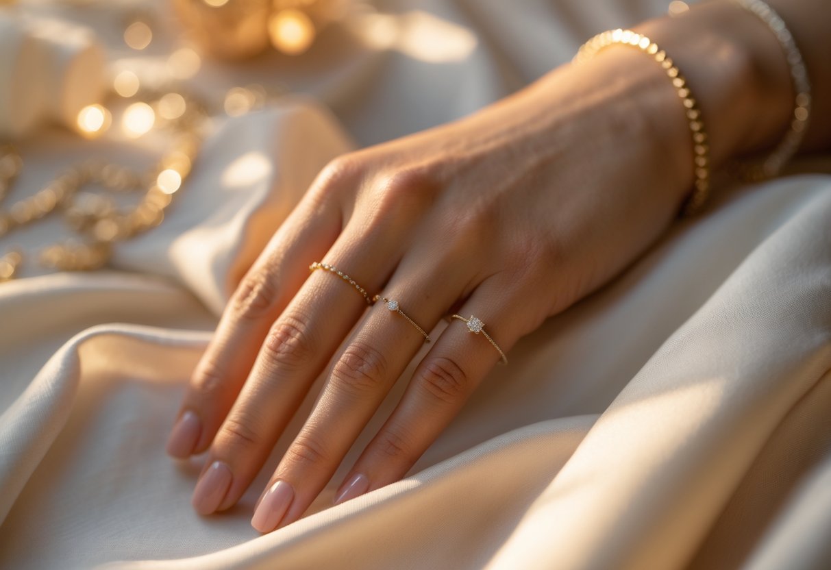 Close-up of a woman's hand wearing delicate gold and silver rings and a bracelet, resting on a soft fabric with warm lighting.