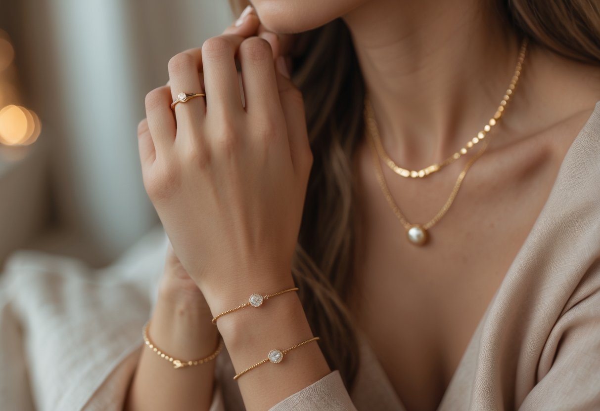 Close-up of a woman's hand and wrist wearing elegant jewelry with a softly blurred background.