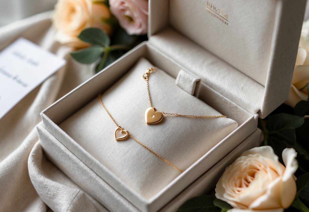 An open gift box displaying daily-wear jewelry including a gold heart necklace, silver bracelet, and stud earrings, surrounded by flowers and a handwritten note on a soft fabric background.