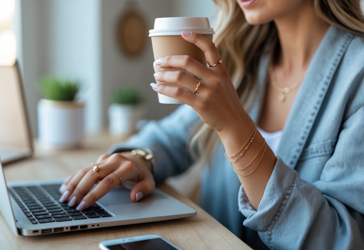 Close-up of a woman's hand and wrist wearing simple, elegant jewelry while holding a coffee cup in a bright indoor setting.