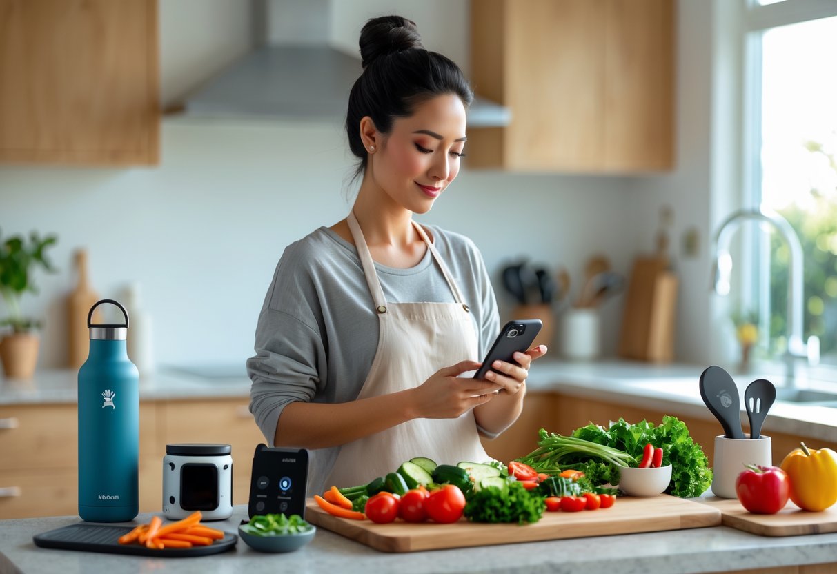 A mom multitasking in a bright kitchen, preparing food while holding a smartphone, surrounded by practical gift items like a water bottle, planner, kitchen utensils, and a smartwatch.