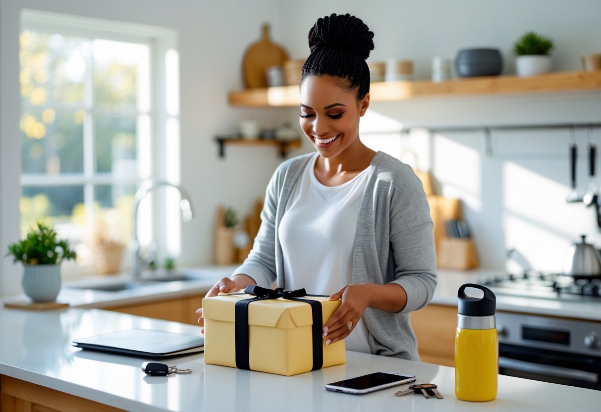 A busy mom in a modern kitchen holding a neatly wrapped gift box, surrounded by everyday items like a planner and water bottle.