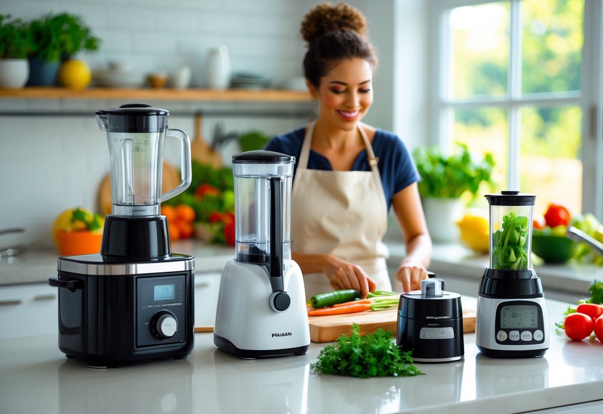 A busy mom in a modern kitchen using various kitchen gadgets on a countertop with fresh vegetables nearby.