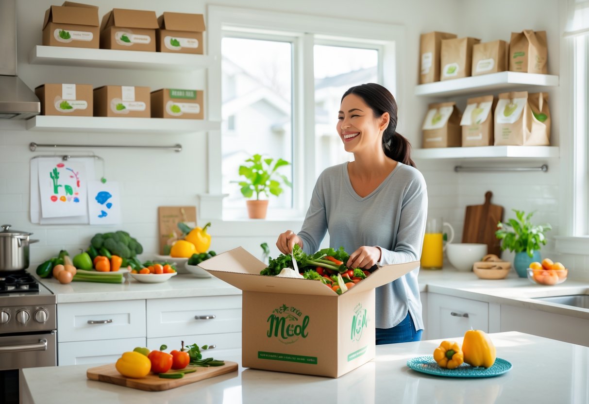 A busy mom unpacking a meal delivery box in a bright kitchen with fresh ingredients and subscription boxes nearby.